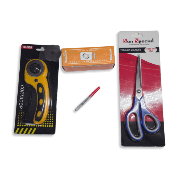 Kit alfaiate, abrirdor de casa, tesoura, giz desaparece com ferro, e cortador circular